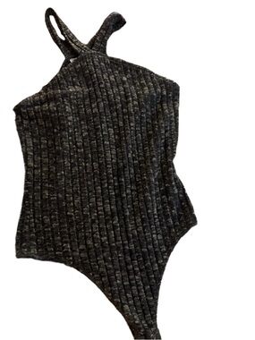 Vintage Ribbed Halter-Back Women’s Fuzzy Bodysuit in Charcoal/ Army Green